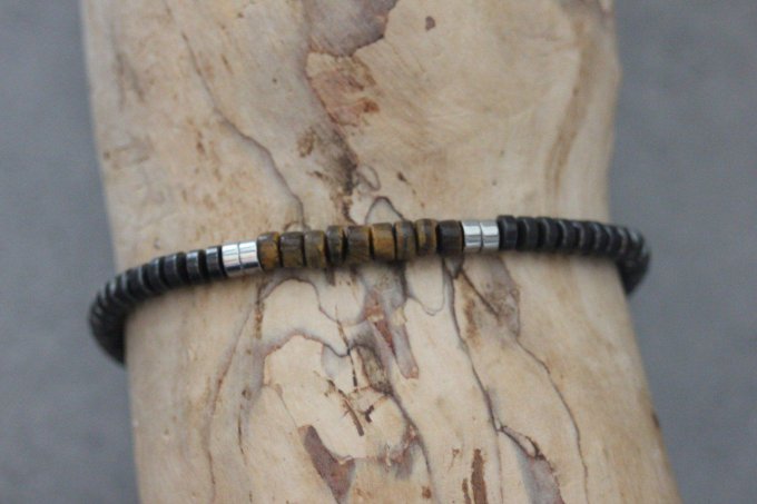 Bracelet perles heishi en oeil de tigre, hématite et hématite argenté
