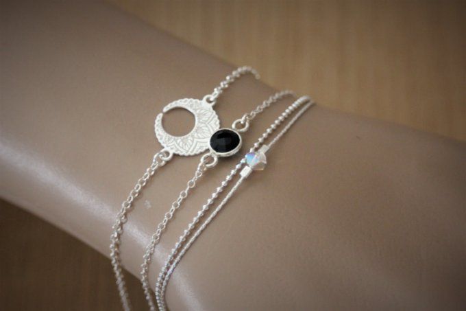 Ensemble de 3 bracelets en argent massif lune mandala, spinelle noire et swarovski