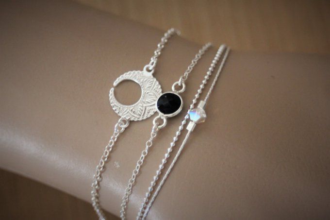Ensemble de 3 bracelets en argent massif lune mandala, spinelle noire et swarovski