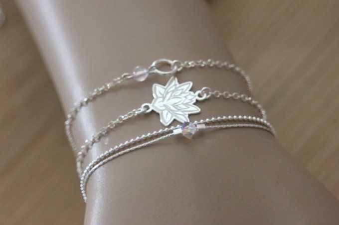 Ensemble de 3 bracelets en argent massif fleur de lotus mandala, quartz rose 