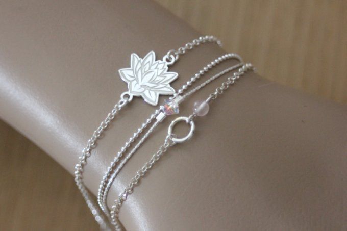 Ensemble de 3 bracelets en argent massif fleur de lotus mandala, quartz rose 