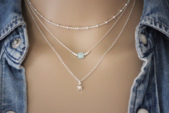 Ensemble de 3 colliers en argent massif chaine perlée, amazonite et étoile