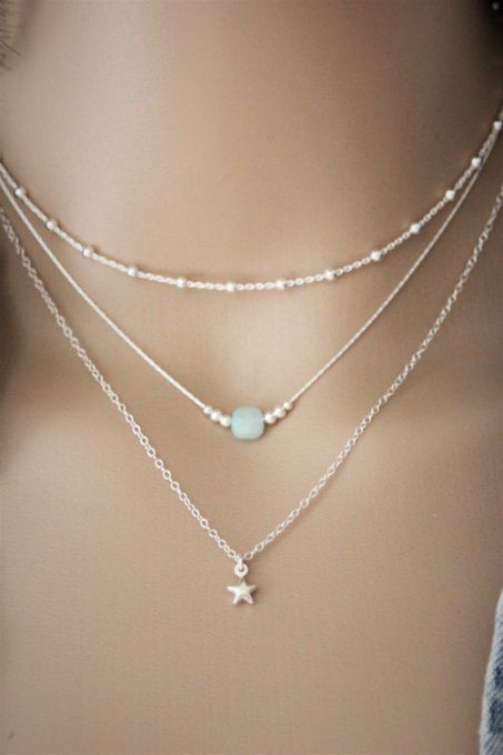 Ensemble de 3 colliers en argent massif chaine perlée, amazonite et étoile