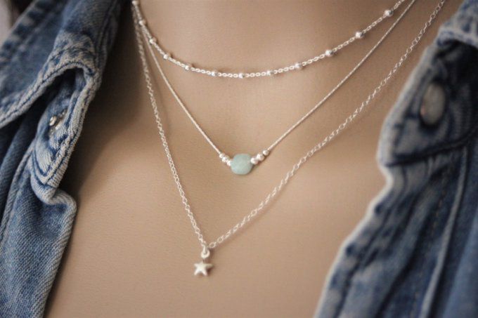 Ensemble de 3 colliers en argent massif chaine perlée, amazonite et étoile