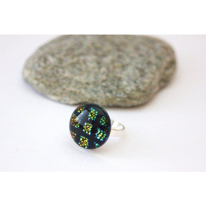 Bague argent et cabochon verre dichroïque bleu