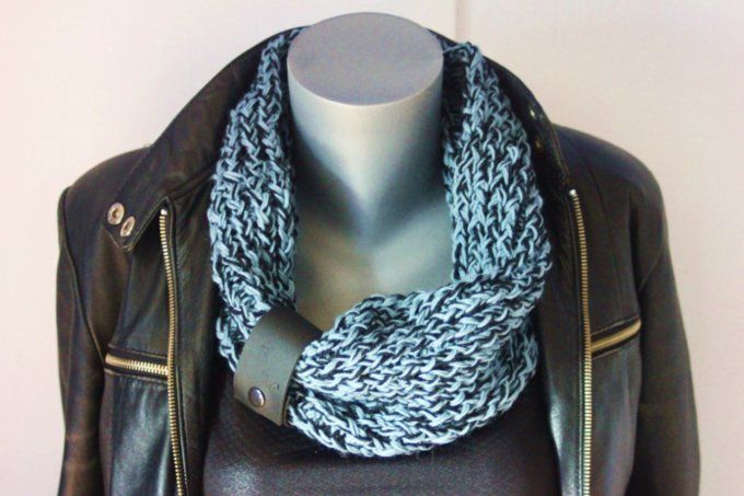 Echarpe Snood laine bleu gris et noir