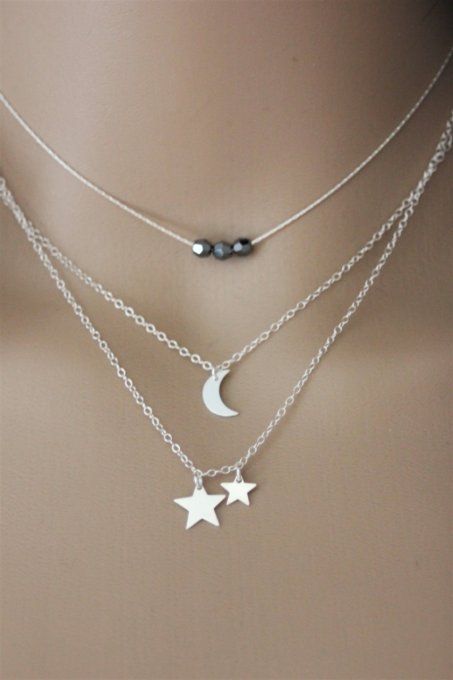 Ensemble de 3 colliers en argent massif perles swarovski, lune et étoiles