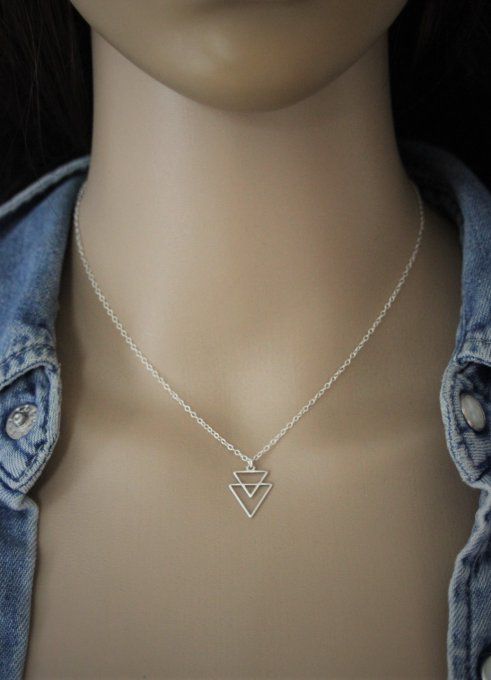 Collier argent massif pendentif double triangles 