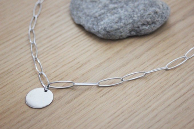 Collier en acier inoxydable gros maillons pendentif médaille ronde à graver