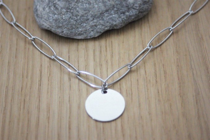 Collier en acier inoxydable gros maillons pendentif médaille ronde à graver