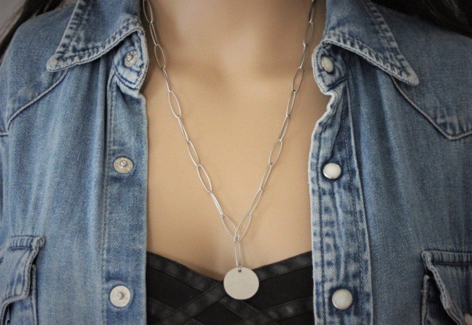 Collier en acier inoxydable gros maillons pendentif médaille ronde à graver