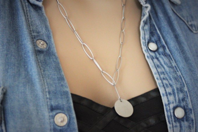 Collier en acier inoxydable gros maillons pendentif médaille ronde à graver