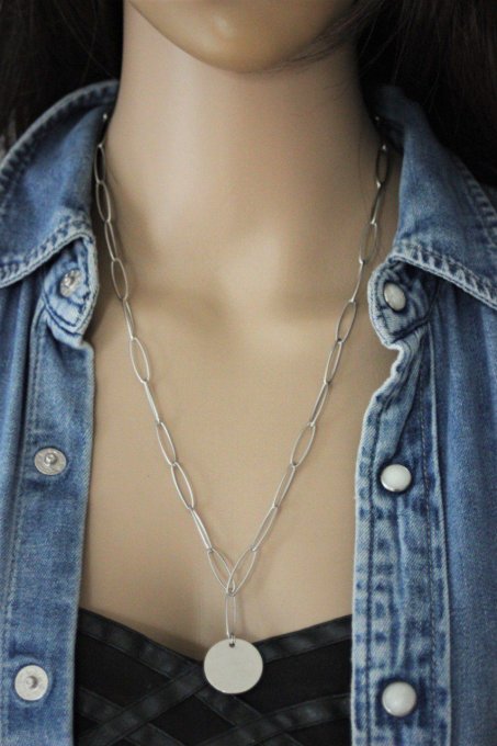 Collier en acier inoxydable gros maillons pendentif médaille ronde à graver
