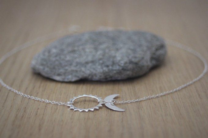 Collier argent massif pendentif lune et soleil 