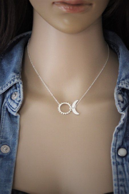 Collier argent massif pendentif lune et soleil 