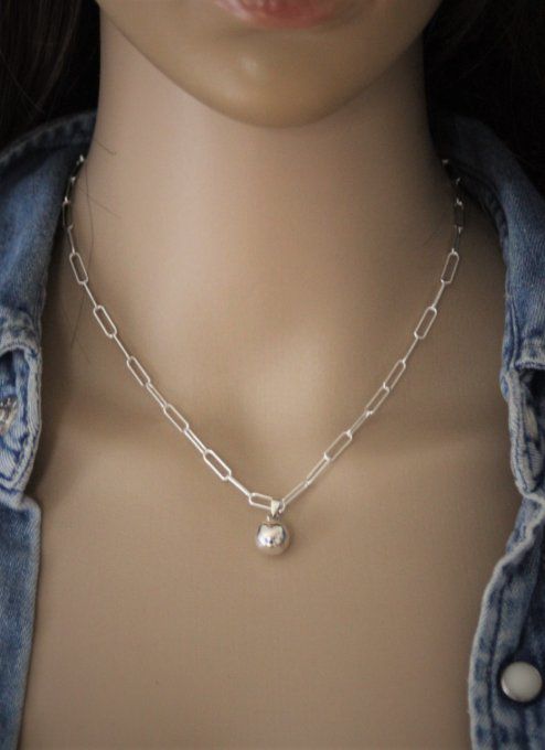 Collier chaine grands maillons pendentif boule en argent massif