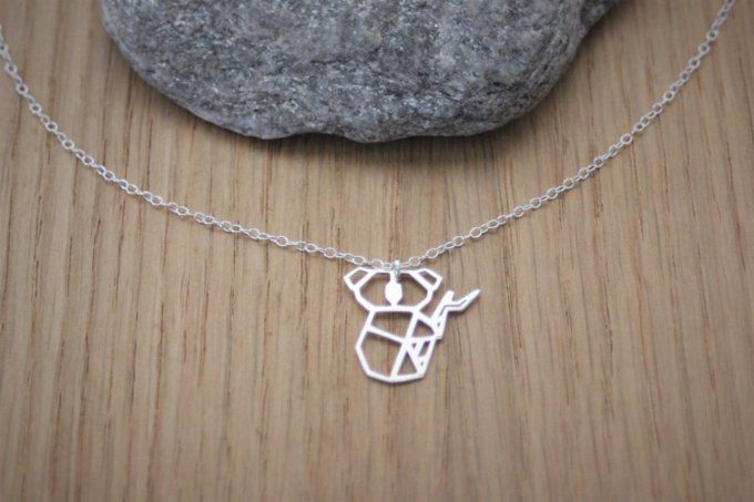 Collier argent massif pendentif koala origami