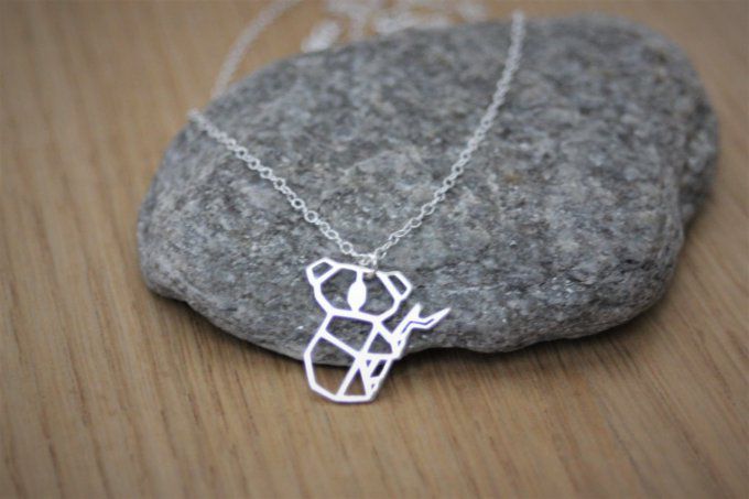 Collier argent massif pendentif koala origami