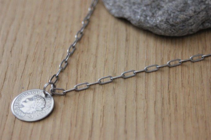 Collier 2 rangs en acier inoxydable pendentif pièce de monnaie