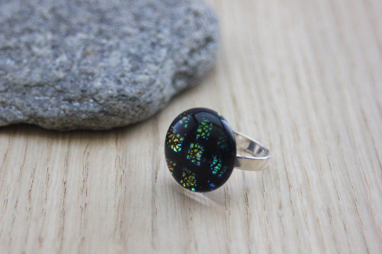 Bague argent et cabochon verre dichroïque bleu