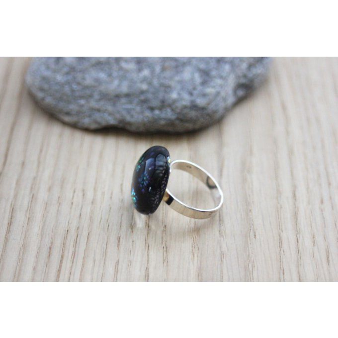 Bague argent et cabochon verre dichroïque bleu