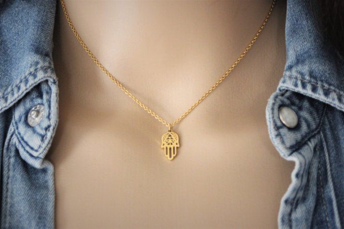 Collier acier inoxydable doré pendentif main de fatma