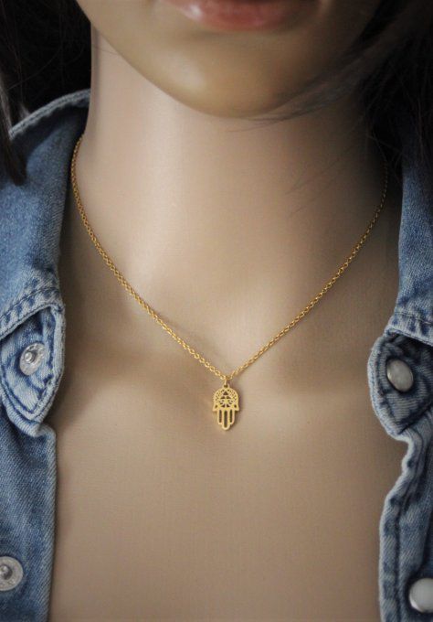 Collier acier inoxydable doré pendentif main de fatma