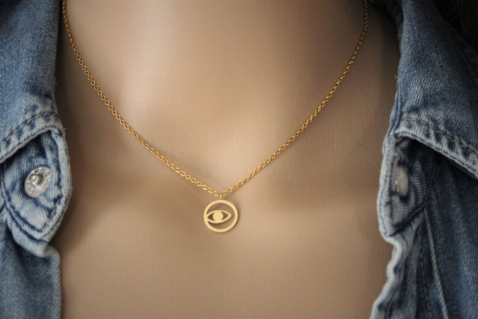 Collier acier inoxydable doré pendentif oeil