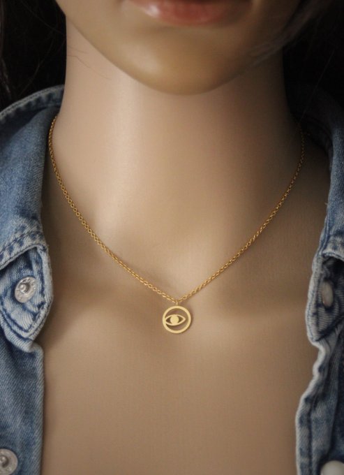 Collier acier inoxydable doré pendentif oeil