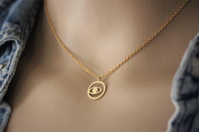 Collier acier inoxydable doré pendentif oeil