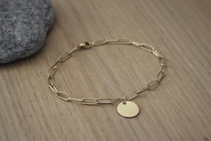 Bracelet chaine rectangle en acier doré et médaille à graver