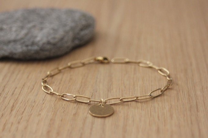 Bracelet gros maillons chaine rectangle et médaille en acier inoxydable doré