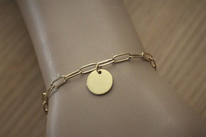 Bracelet chaine rectangle en acier doré et médaille à graver