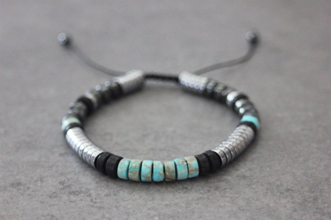 Bracelet perles heishi en jaspe impérial, pierre de lave et hématite