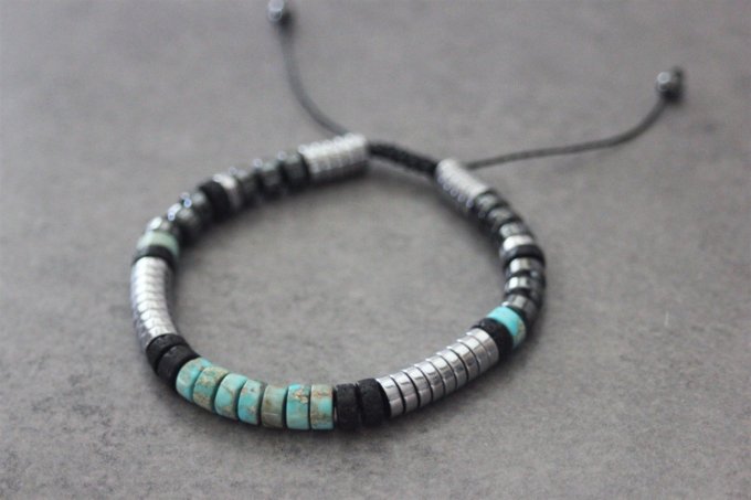 Bracelet perles heishi en jaspe impérial, pierre de lave et hématite