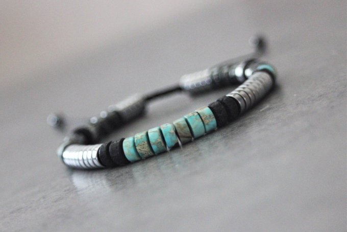 Bracelet perles heishi en jaspe impérial, pierre de lave et hématite