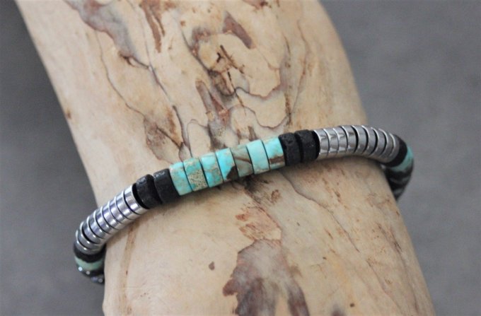 Bracelet perles heishi en jaspe impérial, pierre de lave et hématite