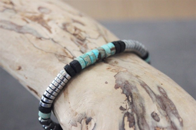 Bracelet perles heishi en jaspe impérial, pierre de lave et hématite