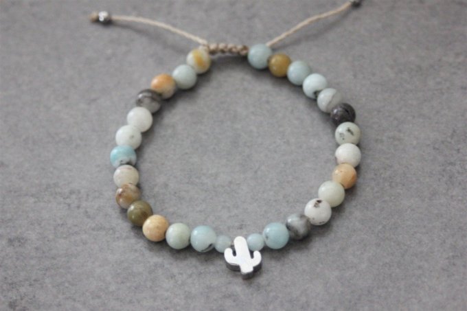 Bracelet perles amazonite arc en ciel et cactus en acier inoxydable