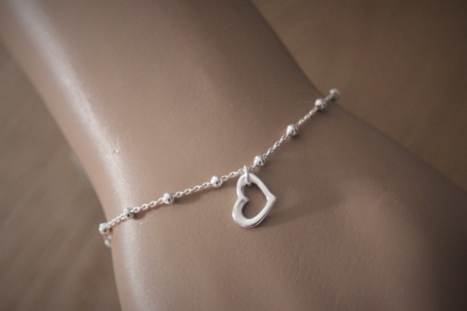 Bracelet argent massif chaine perlée breloque coeur