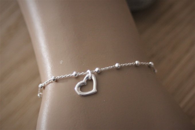 Bracelet argent massif chaine perlée breloque coeur