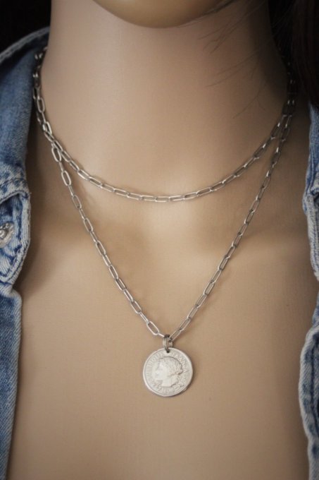 Collier 2 rangs en acier inoxydable pendentif pièce de monnaie