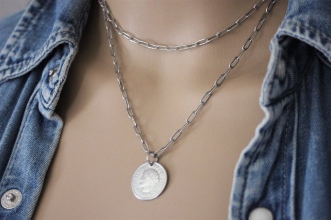 Collier 2 rangs en acier inoxydable pendentif pièce de monnaie