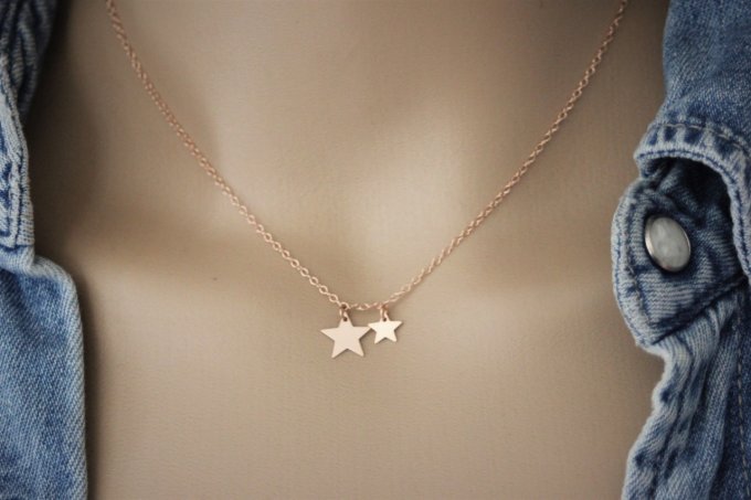 Collier or rose pendentif 2 étoiles