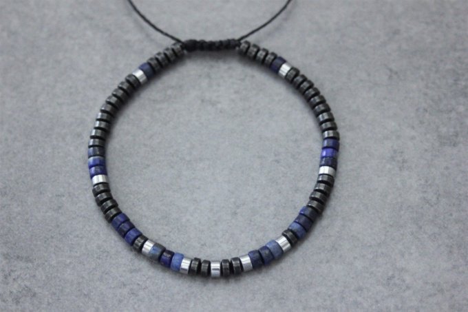 Bracelet perles heishi en lapis lazuli, hématite et hématite argentée