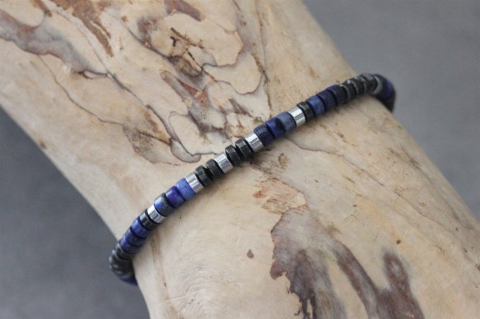 Bracelet perles heishi en lapis lazuli, hématite et hématite argentée