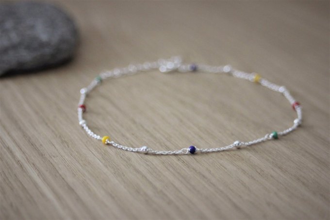  Chaine de cheville argent perles argent et perles cristaux multicolores