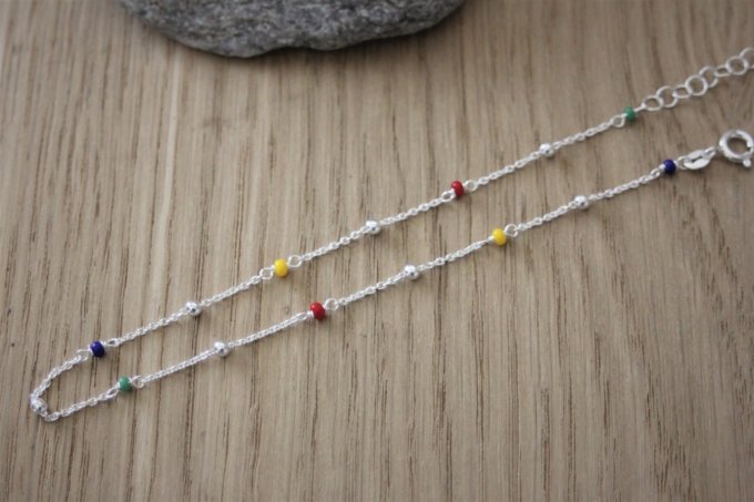  Chaine de cheville argent perles argent et perles cristaux multicolores