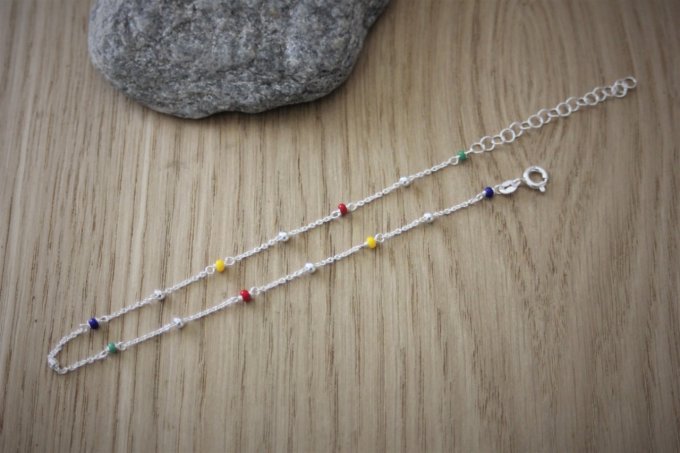  Chaine de cheville argent perles argent et perles cristaux multicolores