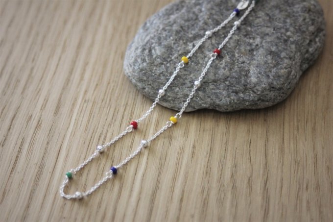  Chaine de cheville argent perles argent et perles cristaux multicolores